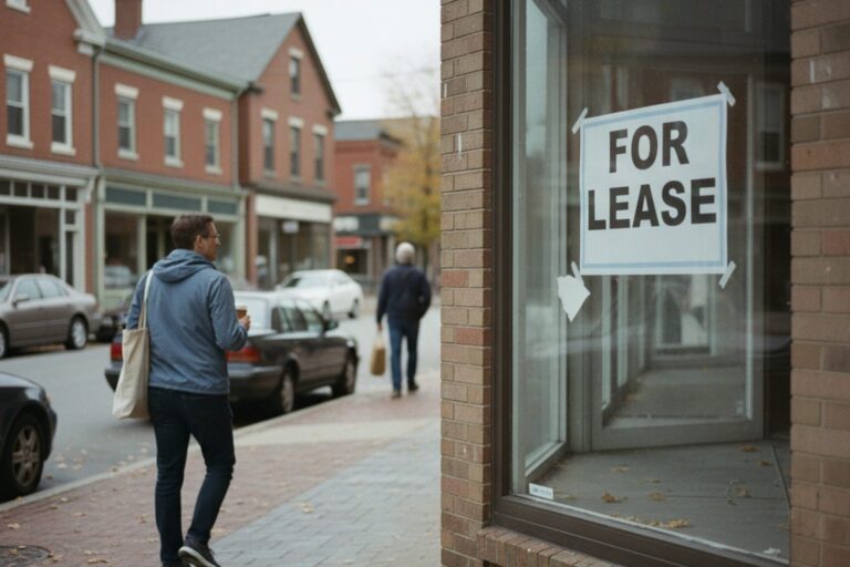 A person in their 30s wearing a casual jacket walks past a storefront with a faded "For Lease" sign in a quiet commercial district.