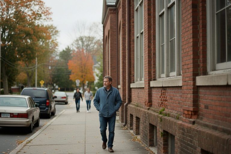A person in their 40s wearing a simple jacket walks past a brick school building, with a quiet street and some parked cars in the background.