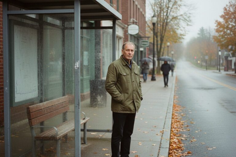 A person in their 50s wearing a simple jacket stands at a bus stop, looking down the empty street.