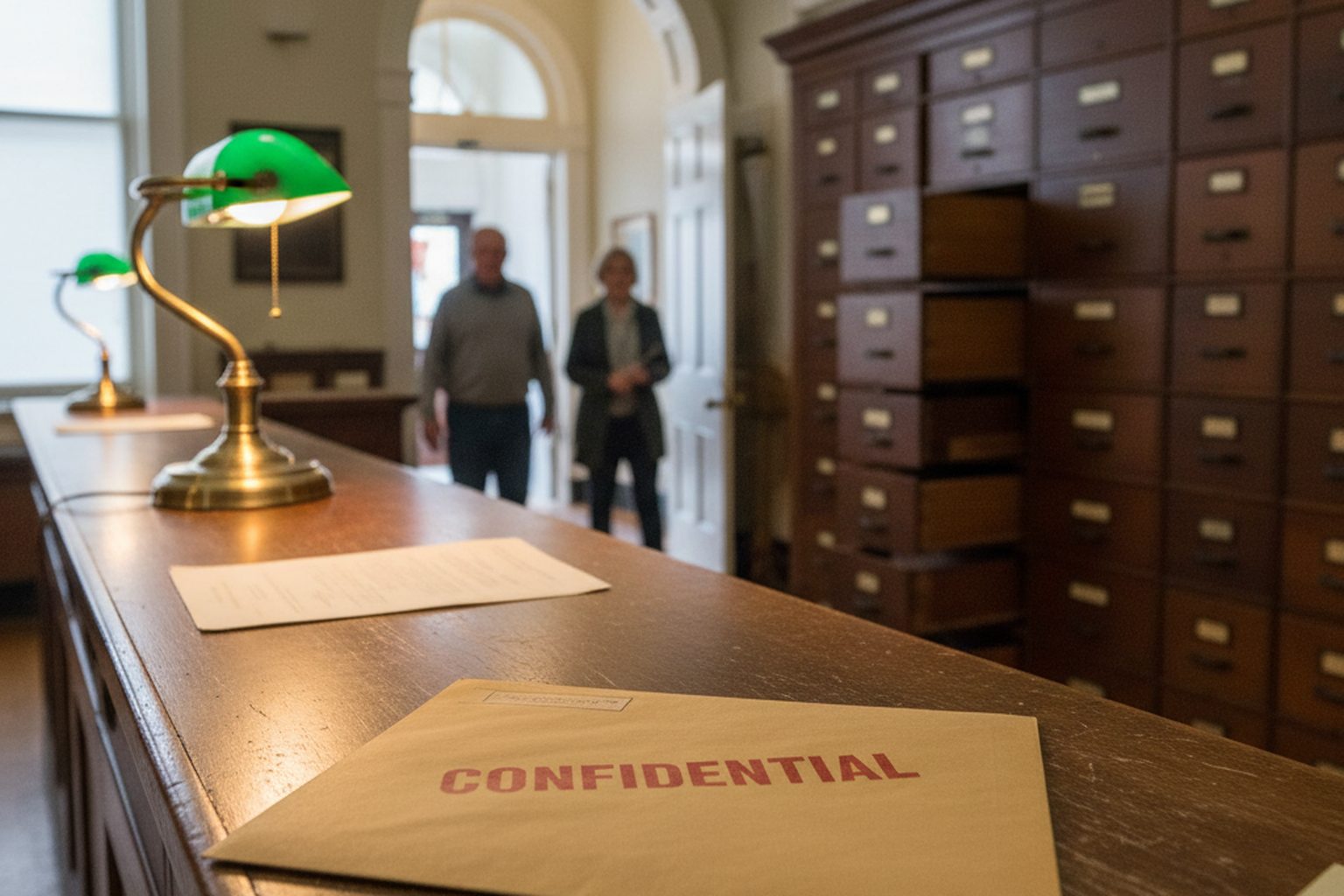 A manila envelope stamped CONFIDENTIAL resting on a clerk's counter in an old courthouse office, wooden file cabinets behind it, a brass desk lamp, no readable names
