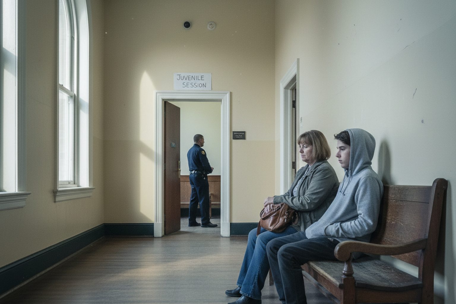 A parent and teenager waiting on a bench in a courthouse hallway