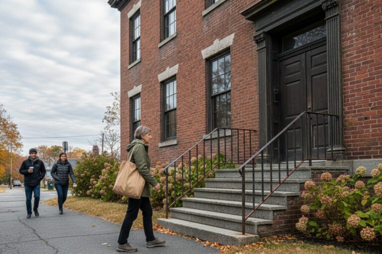 A person in their 60s wearing a simple jacket walks past a brick building with a few steps leading up to an entrance, carrying a reusable shopping bag.