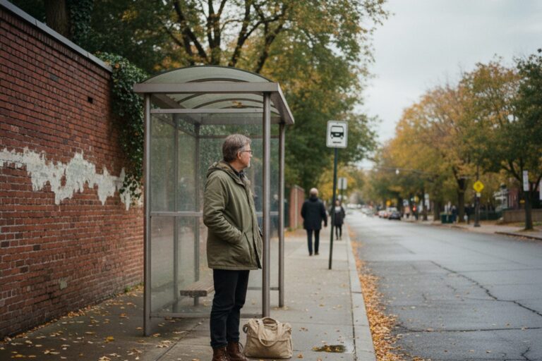 A person in their 50s wearing a neutral-colored jacket stands at a public bus stop, looking down the street for an approaching bus.