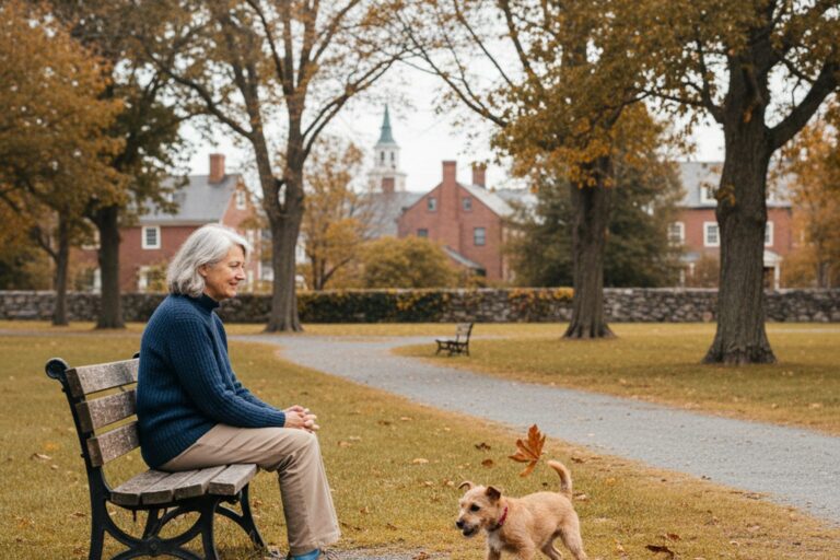 A person in their 60s wearing a simple sweater sits on a bench in a quiet park, watching a small dog play in the grass.