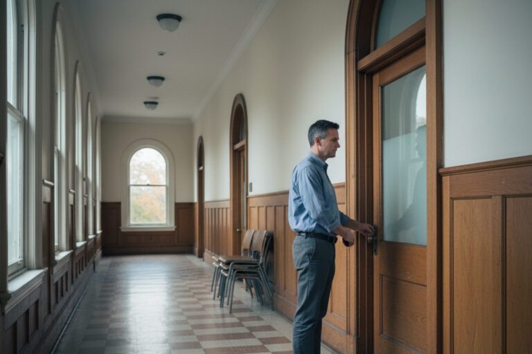 A person in their 40s wearing a simple shirt stands in a quiet, empty hallway of a state office building, looking towards a closed door.