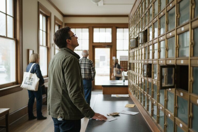 A person in their 30s wearing a neutral-colored jacket stands at a counter in a post office, looking at a wall of mailboxes.