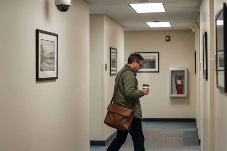 A person in their 40s wearing a neutral-colored jacket walks through a quiet hallway in an office building, passing a security camera mounted high on the wall.