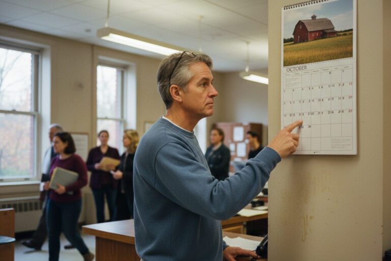 A person in their 50s wearing a light sweater stands at a counter in a government office, looking at a wall calendar.