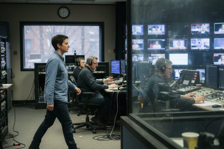 A person in their 30s wearing a casual shirt walks through a television studio control room, past a bank of monitors displaying blurred, indistinct video feeds.