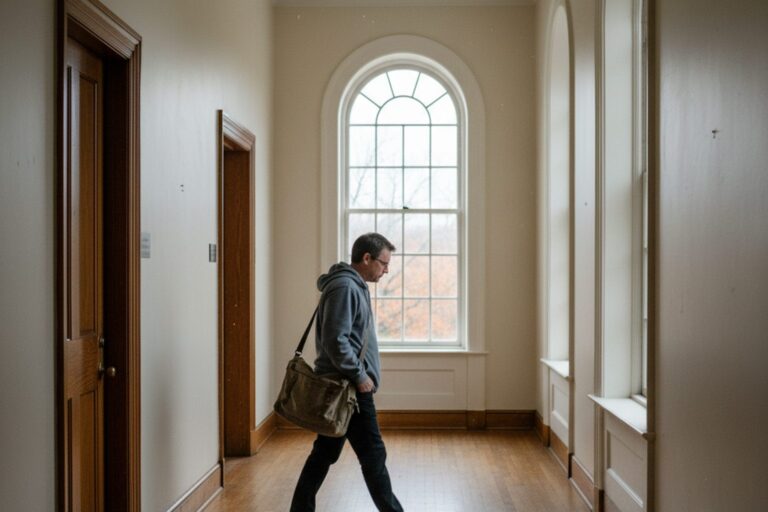 A person in their 40s wearing a neutral-colored jacket walks along a quiet courthouse hallway, past a closed, unmarked door.