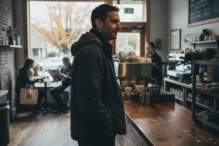A person in their 30s wearing a dark jacket stands at a coffee shop counter, waiting for an order.