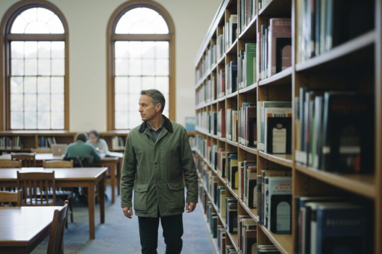 A person in their 40s wearing a simple jacket walks through a quiet public library, past a row of tall bookshelves.
