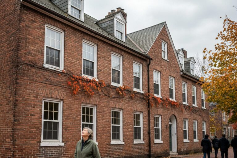 A person in their 50s wearing a simple jacket walks past a brick multi-family house with several windows, glancing up at the roofline.