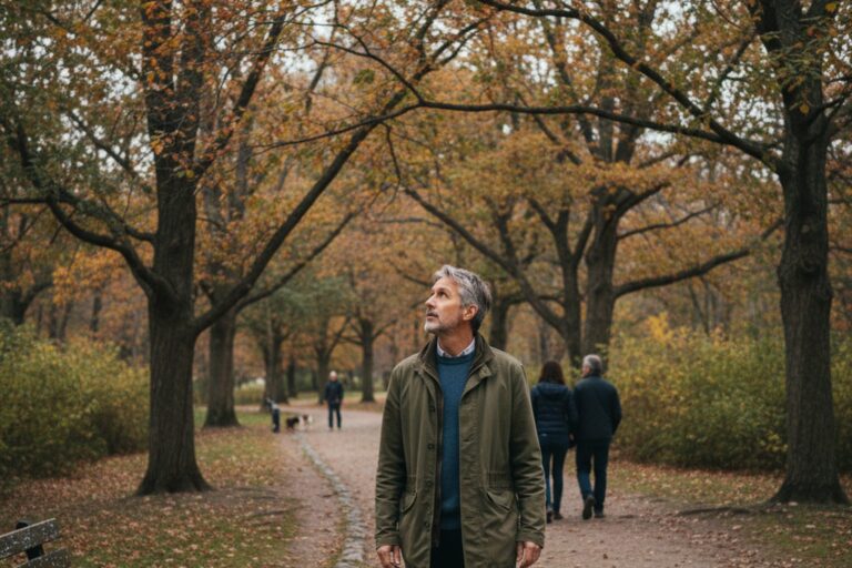 A person in their 40s wearing a simple jacket walks along a quiet park path, looking at the trees.