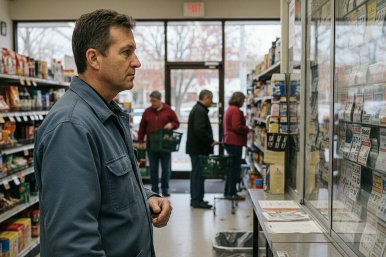 A person in their 40s wearing a simple jacket stands at a lottery counter in a convenience store, looking at the array of instant scratch tickets behind the glass.