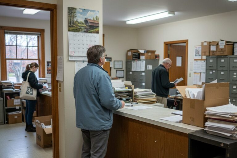A person in their 50s wearing a casual jacket stands at a counter inside a town clerk's office, looking at a wall calendar.