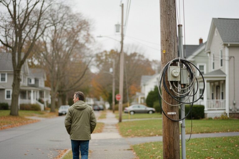 A person in their 40s wearing a light jacket walks past a utility pole on a suburban street, with various cables and small boxes attached to it.