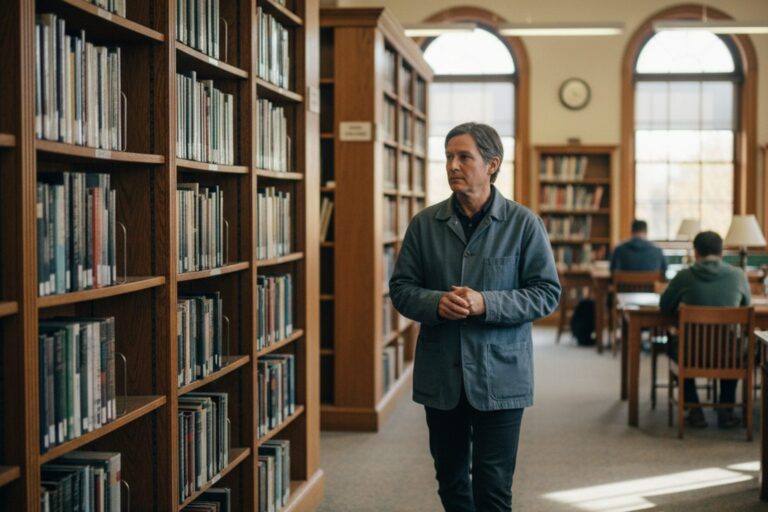 A person in their 40s wearing a simple jacket walks through a quiet public library, past a row of tall bookshelves.