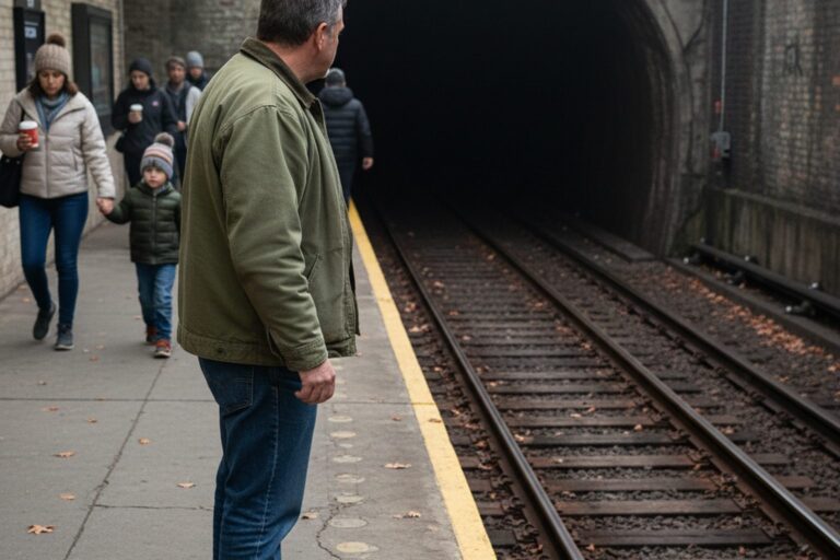A middle-aged man in a work jacket stands next to a subway platform edge, looking down the tracks into a darkened tunnel.