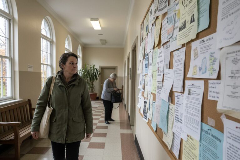 A person in their 40s wearing a neutral-colored jacket walks past a bulletin board covered with various notices and flyers in a quiet public building hallway.