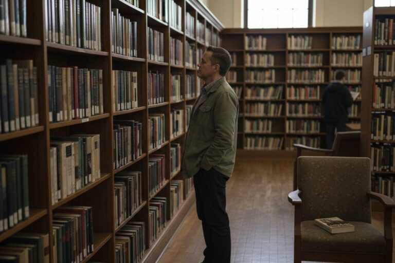 A person in their 40s wearing a casual jacket stands in a quiet corner of a public library, looking at a shelf filled with nonfiction books.