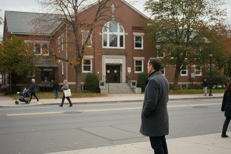 A person in their 40s wearing a dark coat stands on a sidewalk, looking across a street at the entrance to a public building.