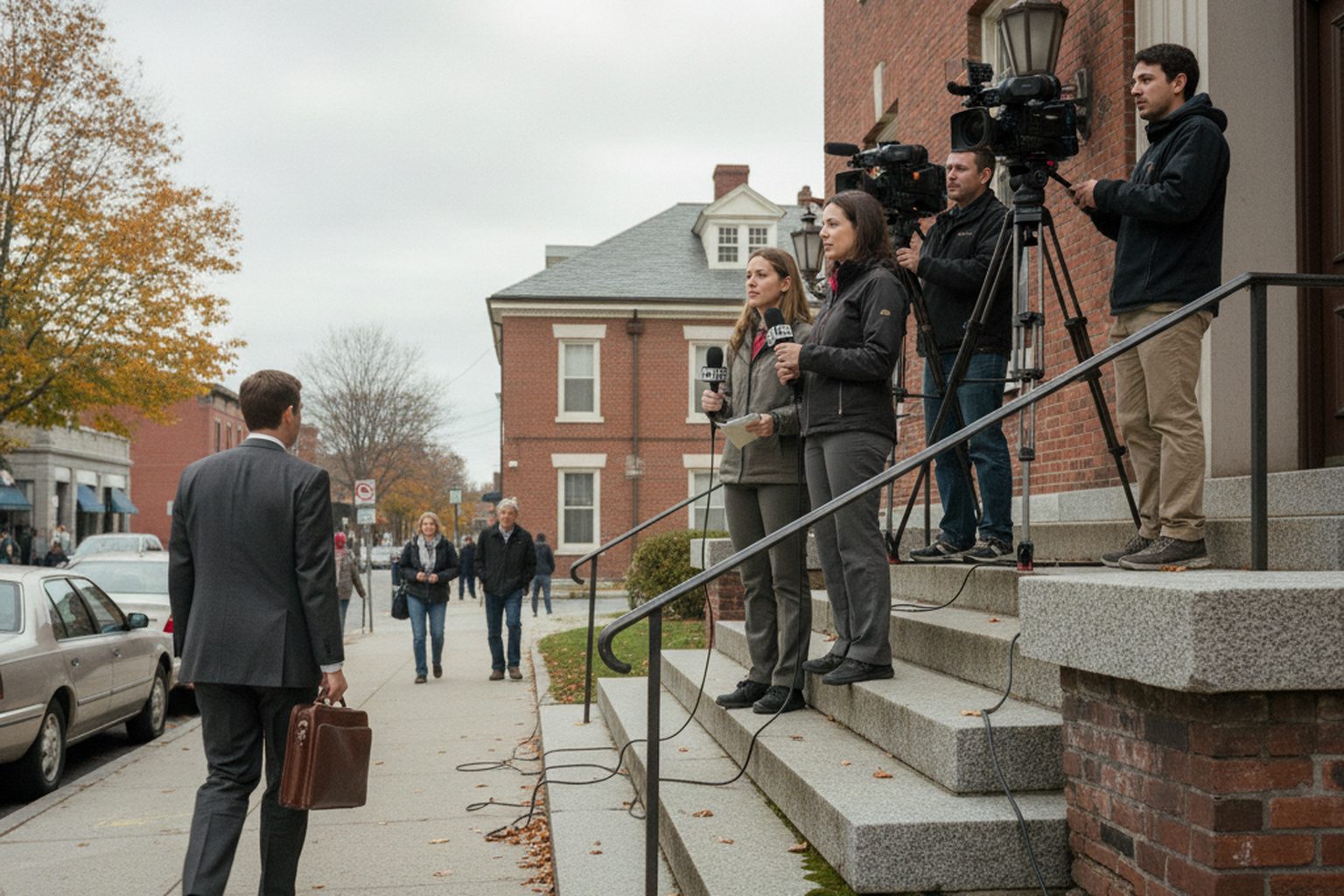 Television reporters and camera operators waiting on the granite steps of a brick county courthouse in a New England town on an overcast autumn afternoon, a defense lawyer in a suit walking past with a briefcase