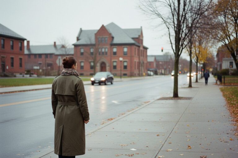 A woman in her 30s wearing a long coat stands on a wide, empty sidewalk, looking at a distant, indistinct building across the street.
