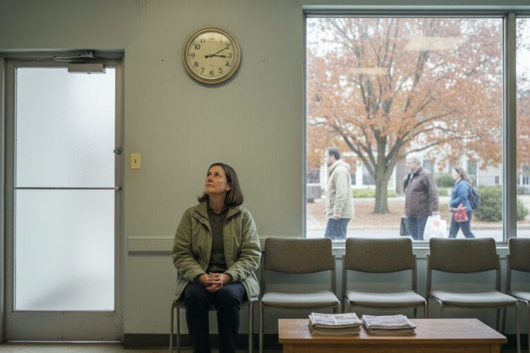 A person in their 40s wearing a light jacket sits alone in a quiet waiting room, looking at a wall clock.
