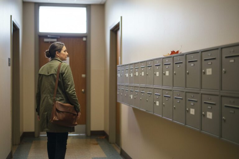 A person in their 40s wearing a neutral coat walks past a row of small, identical office mailboxes in a quiet hallway.