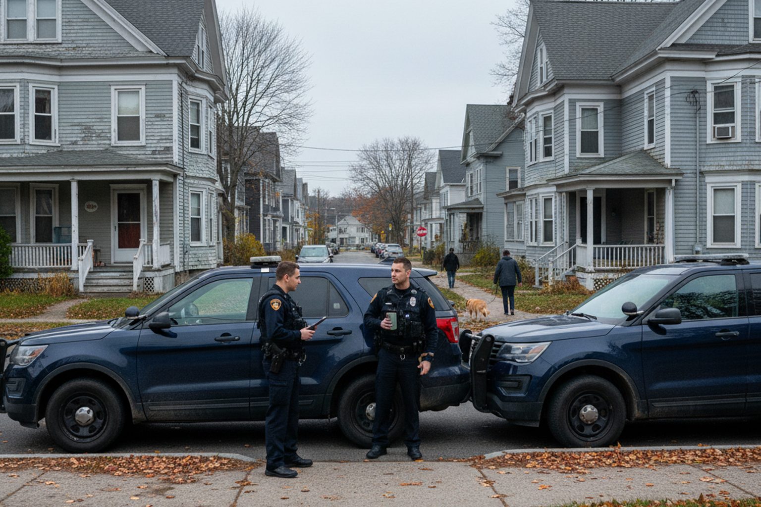 Two police SUVs parked on a quiet residential street of two- and three-family houses at first light, officers in tactical vests standing beside them talking, no confrontation, autumn leaves on the sidewalk