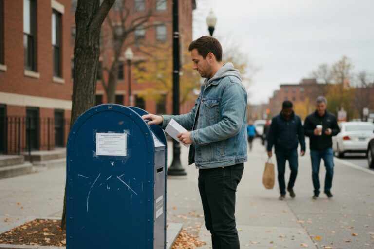 A person in their 30s wearing a casual jacket stands at a ballot drop box on a city sidewalk, their hand resting on the slot.