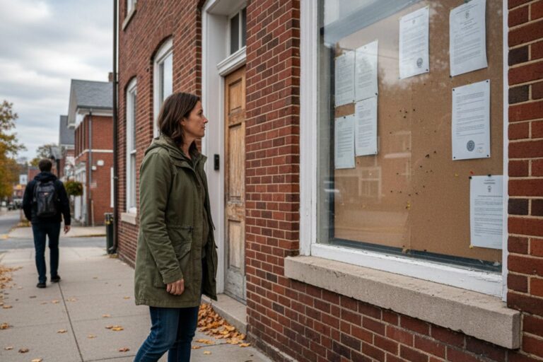 A person in their 40s wearing a light jacket walks past a building with large windows displaying official notices, glancing briefly at a posted document.