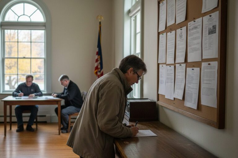 A person in their 40s wearing a neutral-colored jacket stands at a counter in a local town hall, looking at a printed notice board.