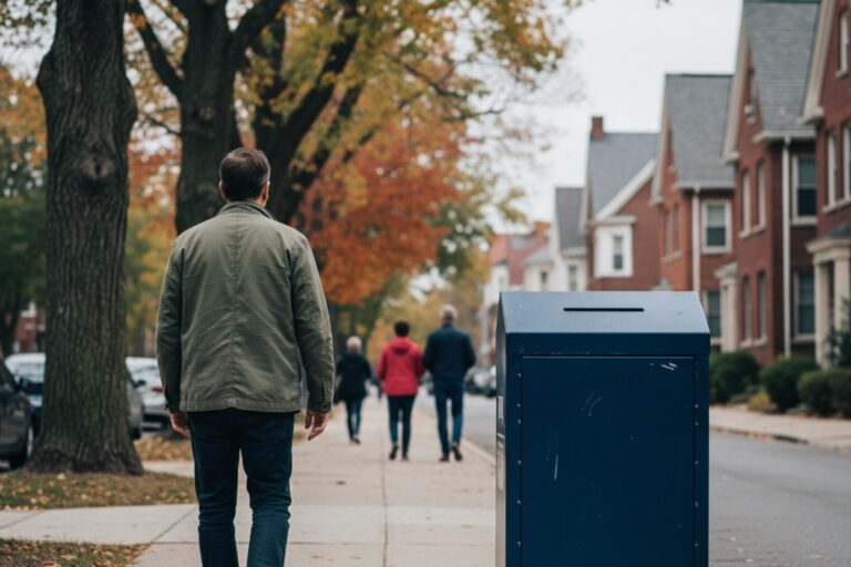 A person in their 40s wearing a casual jacket is walking past a ballot drop box on a quiet sidewalk, with trees and residential buildings blurred in the background.