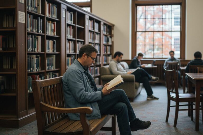 A person in their 40s wearing a light jacket sits alone on a bench in a quiet public library, reading a book.