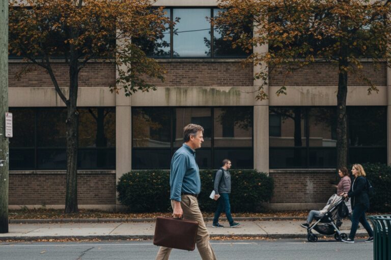 A person in their 40s wearing a light shirt walks past a nondescript office building with tinted windows, holding a plain briefcase.