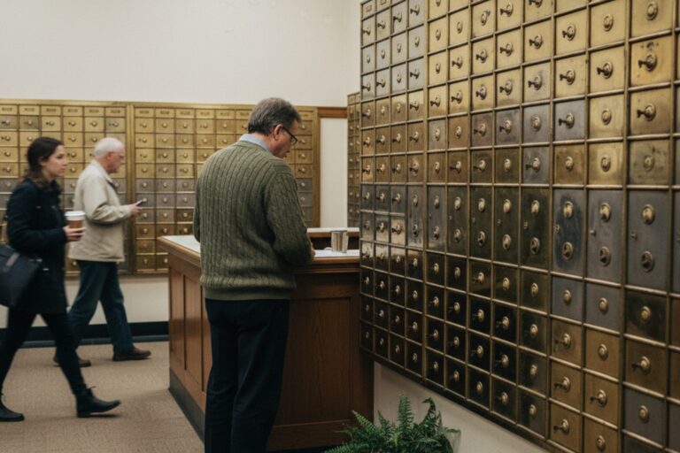 A person in their 50s wearing a plain sweater stands at a counter in a bank lobby, looking at a wall of safe deposit boxes.