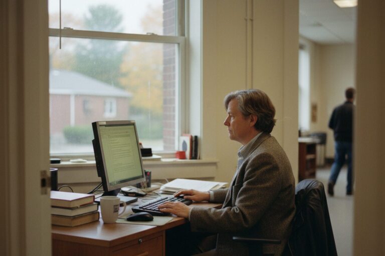 A person in their 50s wearing a business casual shirt sits at a small, plain desk in an office, looking at a desktop computer monitor.