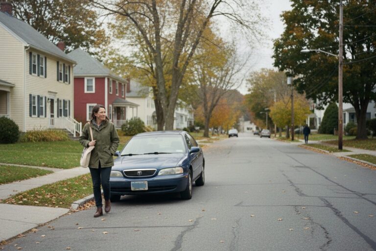 A person in their 30s wearing a simple jacket walks past a parked car with a license plate visible, on a quiet suburban street.
