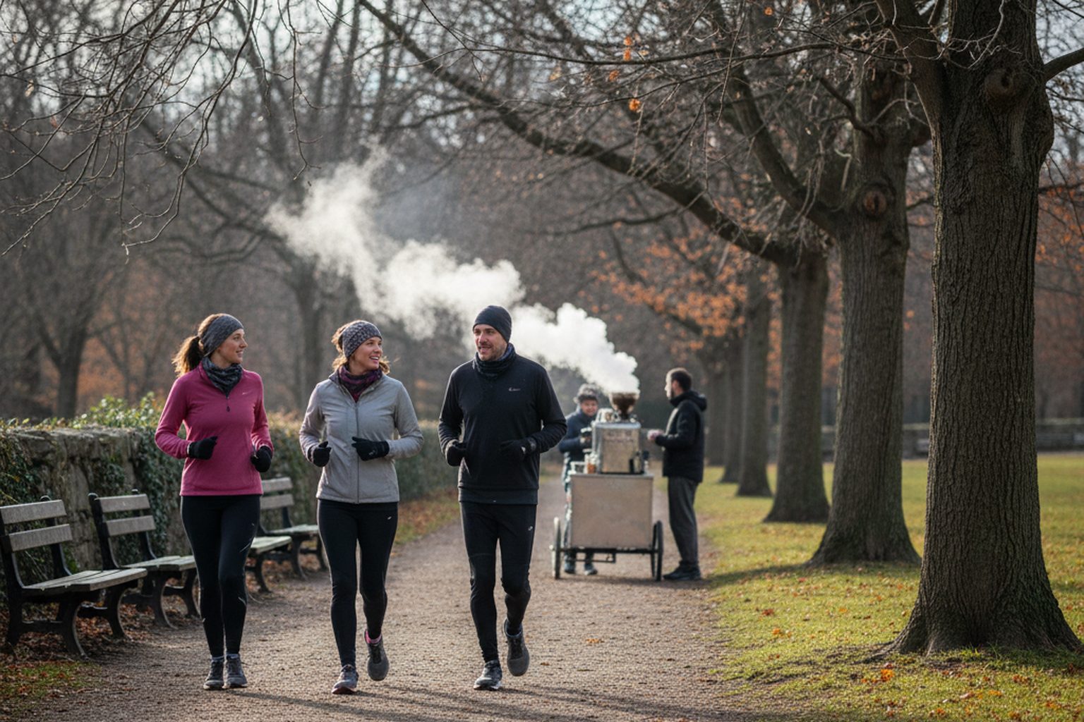 A small group of adult runners in ordinary athletic clothes jogging along a tree-lined park path in Manhattan on a cold, bright winter morning, breath visible, steam rising from a coffee cart in the background