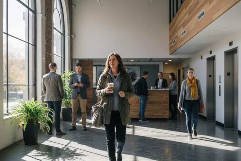 A person in their 40s wearing a simple jacket walks through the brightly lit, bustling lobby of a corporate office building.