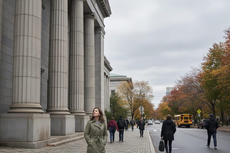 A woman in her 30s wearing a light coat stands on a sidewalk in front of a federal courthouse, looking up at the building's facade.