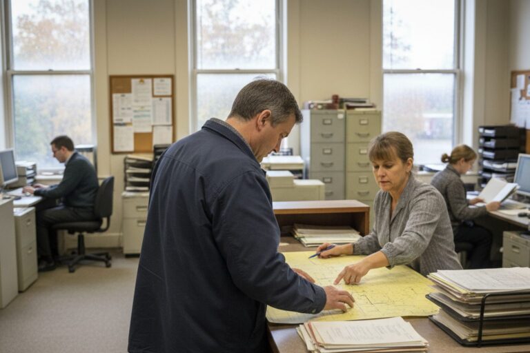A person in their 40s wearing a simple jacket stands at a counter inside a quiet municipal planning department office, looking at a large, rolled-up map.