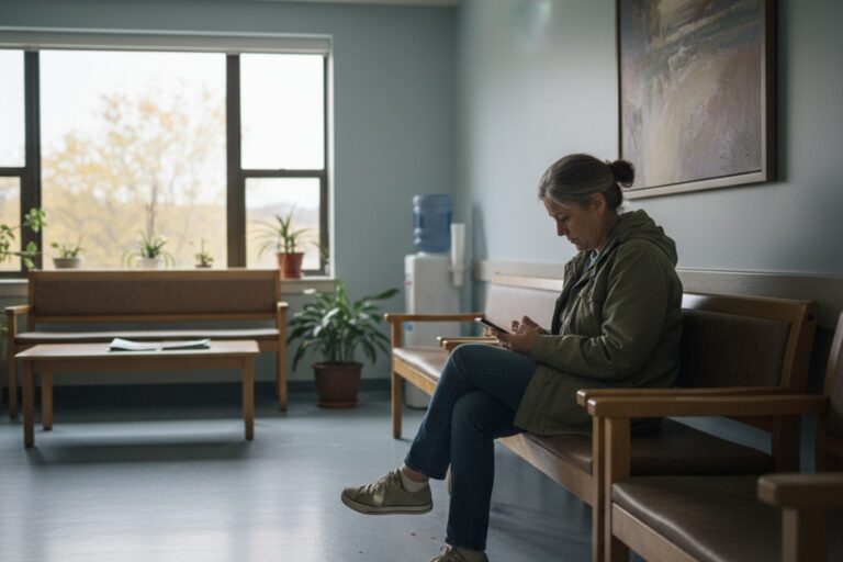 A person in their 50s wearing a simple jacket sits on a bench in a brightly lit, empty hospital waiting room, looking at their phone.