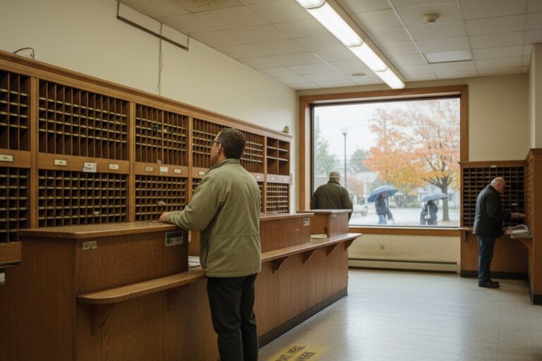 A person in their 40s wearing a light jacket stands at an empty customer service counter in a post office, looking at a wall of mail slots.