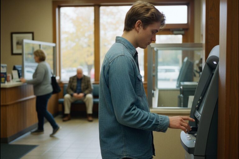 A person in their 20s wearing a casual shirt stands at an ATM in a bank lobby, looking at the screen.