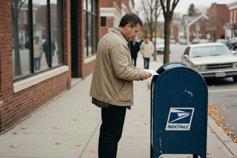 A person in their 40s wearing a neutral-colored jacket stands on a sidewalk next to a blue public mailbox, looking at the mail slot.