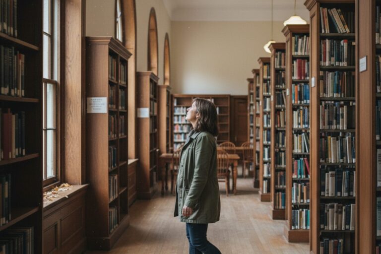 A person in their 30s wearing a simple jacket walks through a quiet, empty public library, past rows of tall bookshelves.