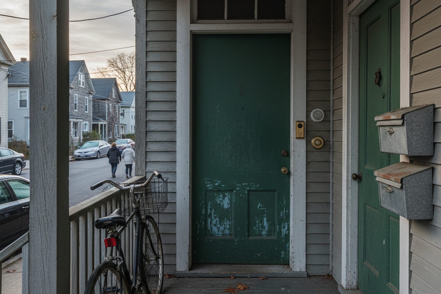 The front porch of a wood-frame two-family house in a Massachusetts mill city at dawn, a single locked exterior door with two mailboxes and two doorbells beside it, peeling paint, a bicycle on the porch, empty street